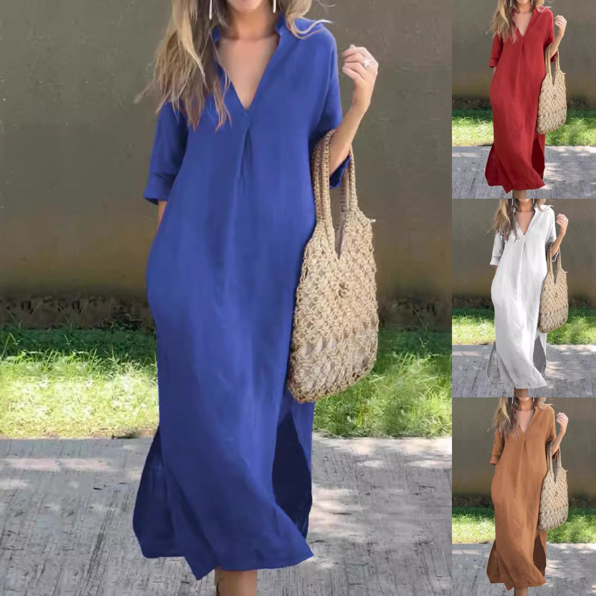 ✨👗[S–3XL] Hosszú, V-nyakú, hasítékos vászonruha, kényelmes és könnyű nyári viselet.