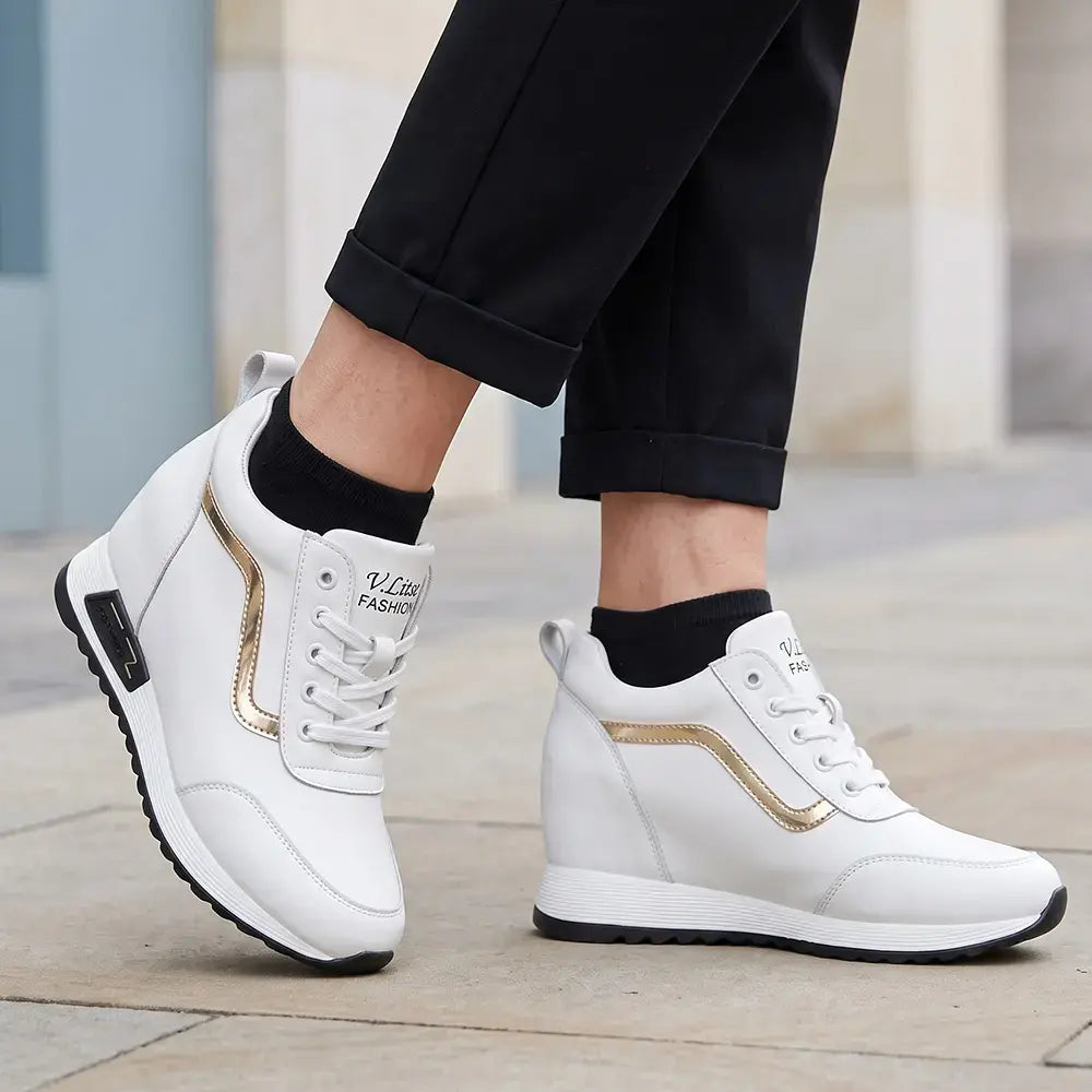 👠Damskie trampki na platformie z ukrytym klinem – skórzane buty codzienne w stylu koreańskim – gruba podeszwa, wygodne buty sportowe
