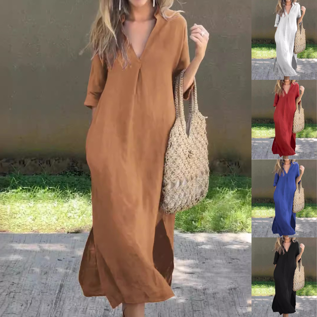 🌿💃【Sleva 50 % 🔥】【S–3XL】Letní lněné maxi šaty s výstřihem do V a rozparky – pohodlné a lehké na léto