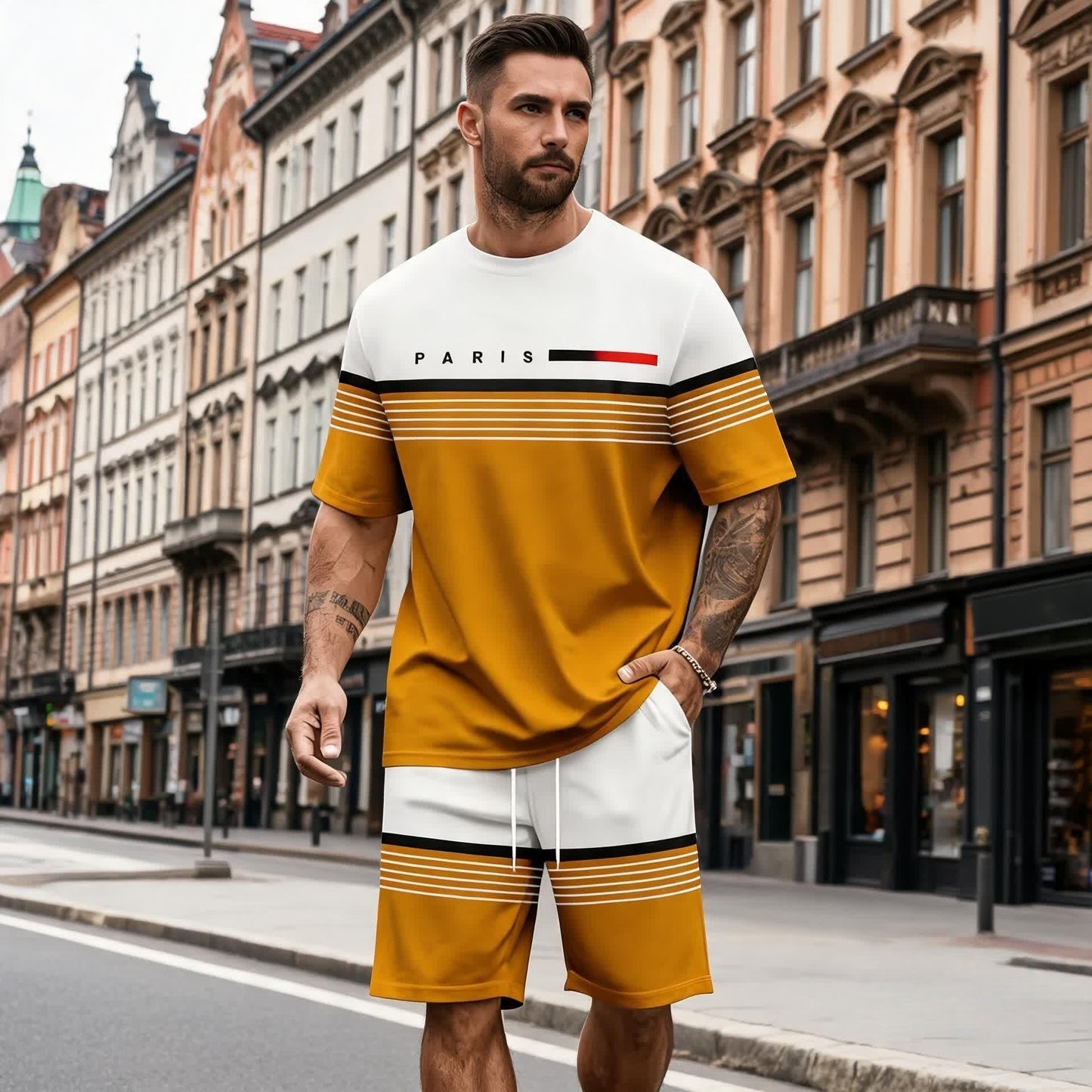 【S-5XL】Conjunto informal y cómodo de camisa de manga corta y pantalón corto con estampado de letras para hombre.