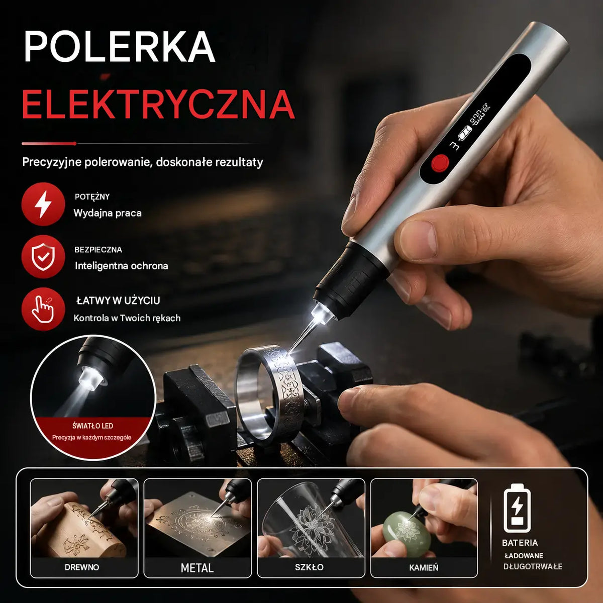 Wytrzymały, wielofunkcyjny, akumulatorowy pisak grawerski litowo-jonowy do zdobienia paznokci i polerowania elektrycznego.