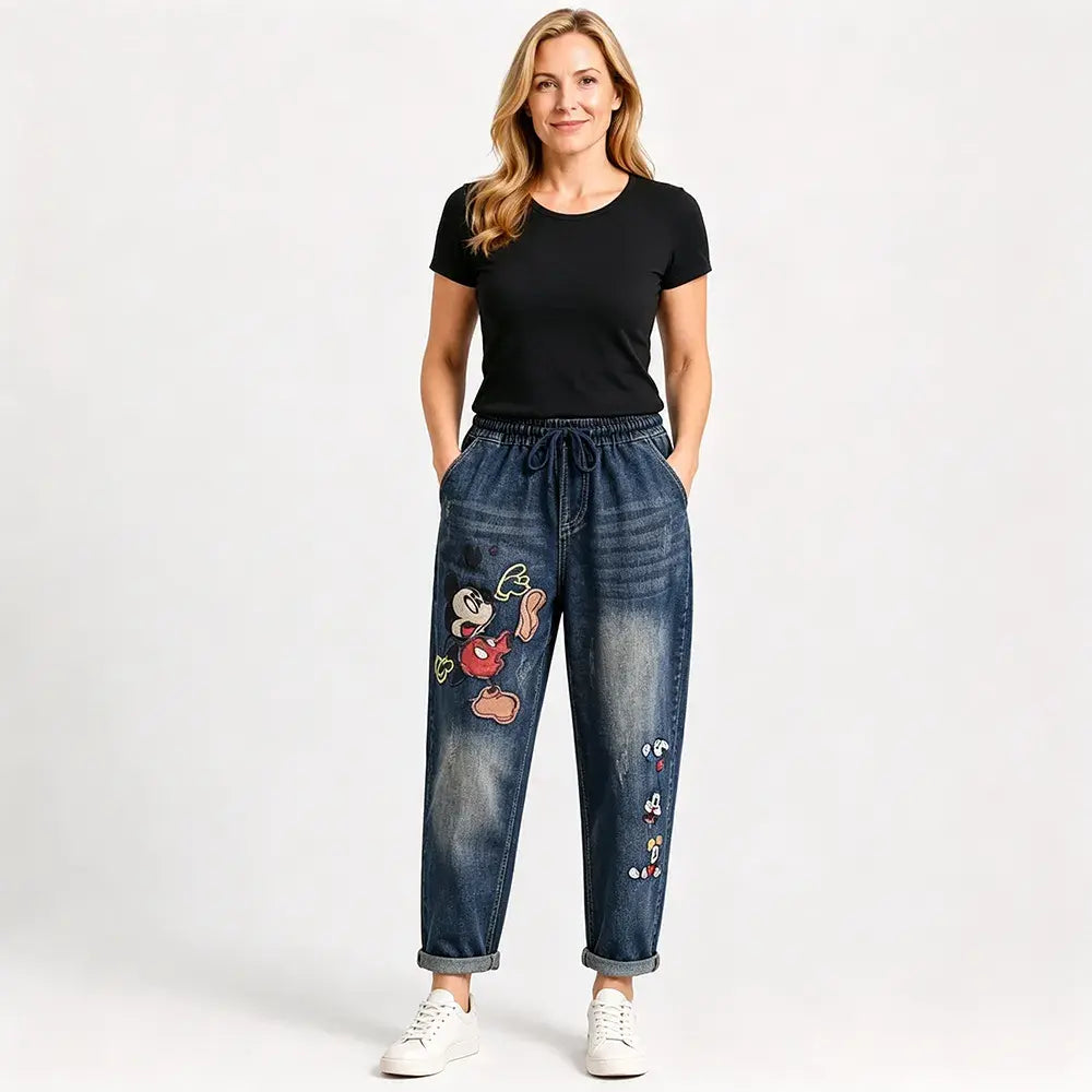 Damskie jeansy retro o luźnym kroju z aplikacją i elastycznym pasem – jeansy haremowe w niepowtarzalnym stylu (rozmiary S-5XL, 2 kolory) 👖✨🍂