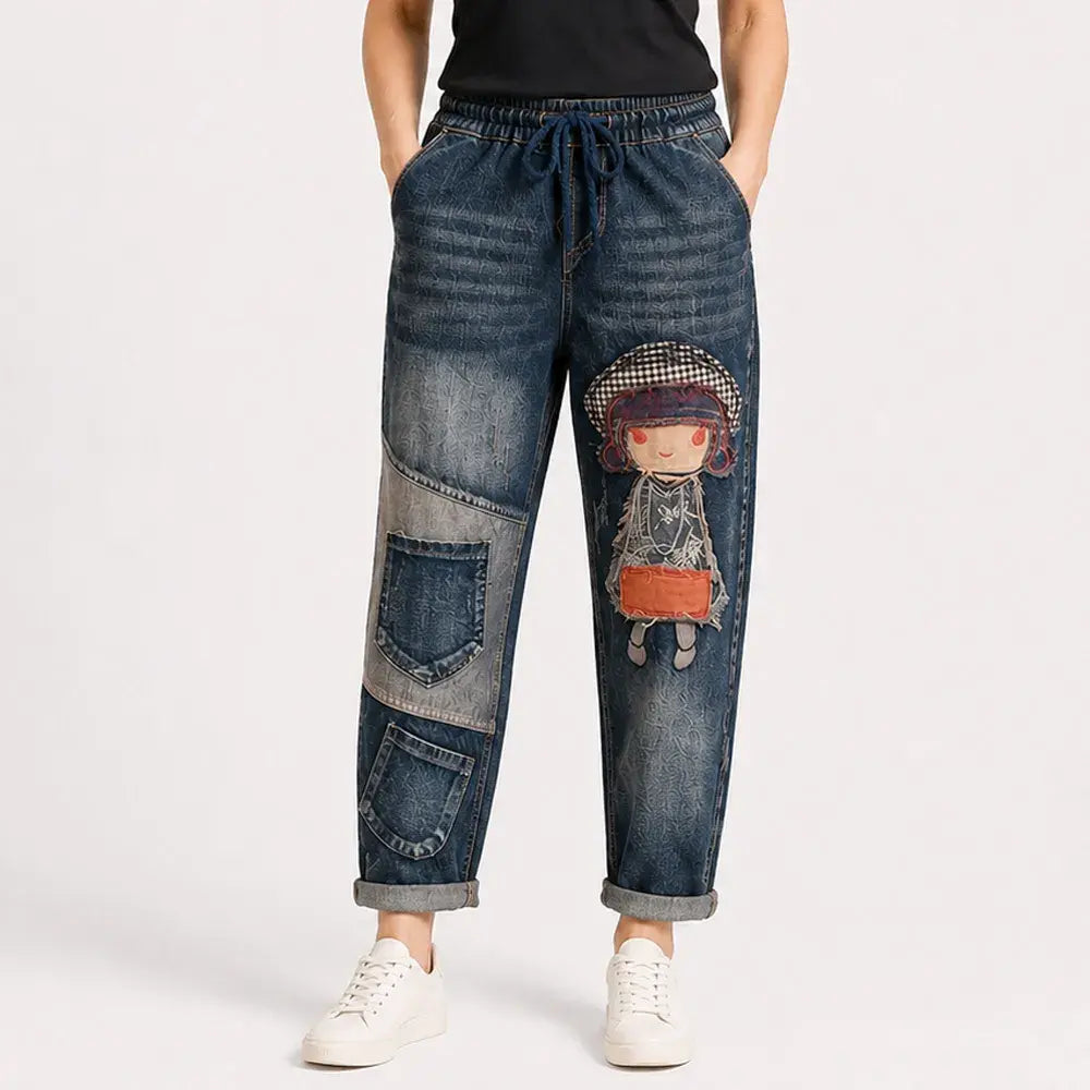 Damskie jeansy retro o luźnym kroju z aplikacją i elastycznym pasem – jeansy haremowe w niepowtarzalnym stylu (rozmiary S-5XL, 2 kolory) 👖✨🍂