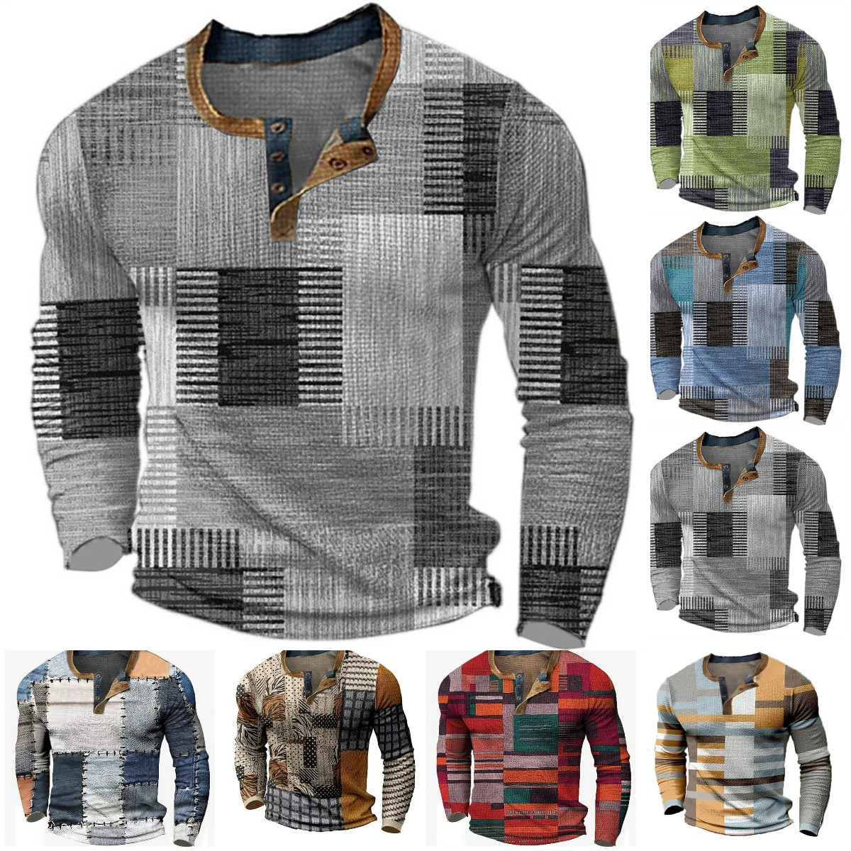 🌴🌈【S-4XL】👔😍 Nová kolekce pánských košil s potiskem, dlouhé rukávy, ležérní styl Henley, dostupné ve více barvách