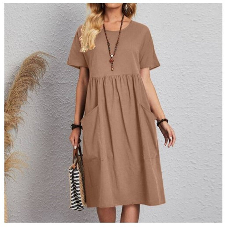 🔥👗【S~5XL】Nowa letnia sukienka, krótki rękaw, okrągły dekolt, mieszanka bawełny i lnu, wygodna i oddychająca