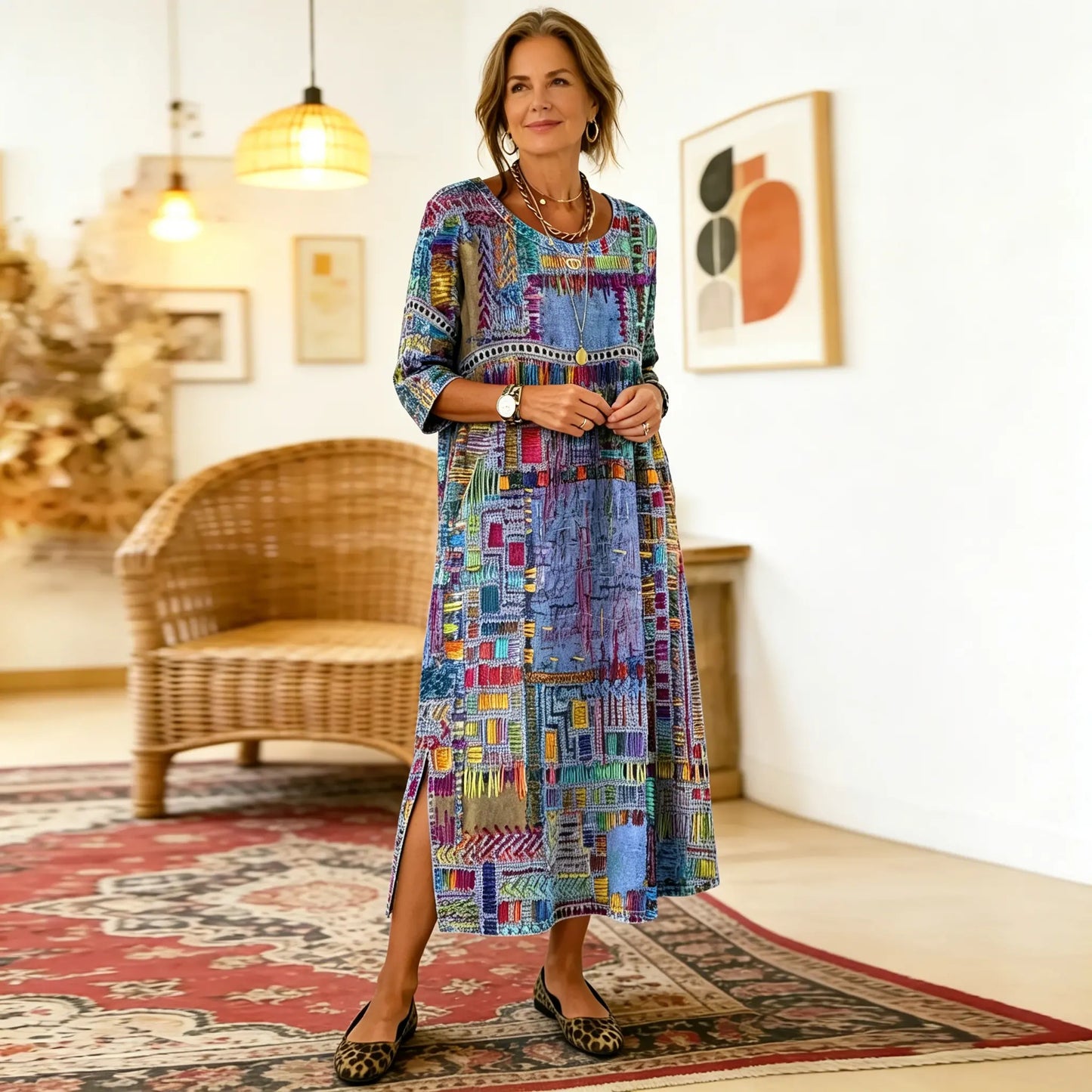 Manuela | Vestido Maxi Bohemio con Estampado de Patchwork Étnico