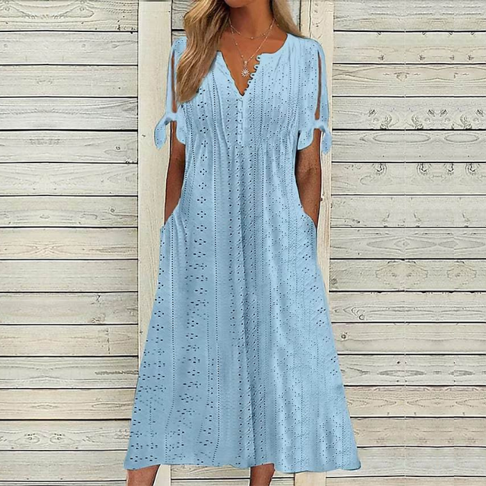🔥👗【Žhavý výprodej】【S-5XL】✨2025 Nové jednoduché a krásné jednobarevné šaty s dutou krajkou