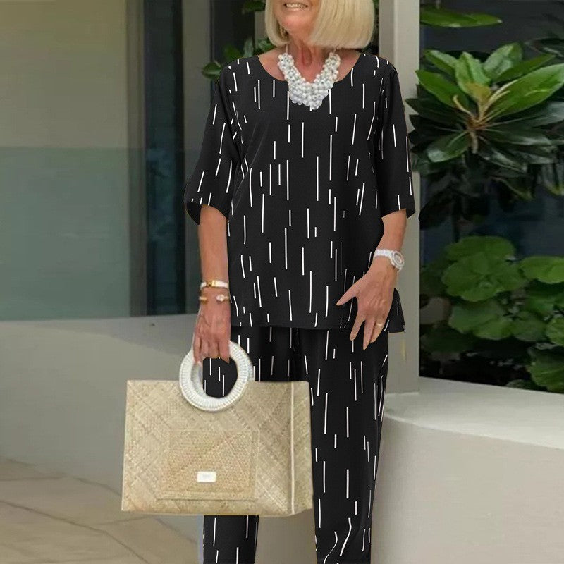 💥🔥【Topy + Spodnie】👚👖【S-5XL】2025 Wiosna i Lato Nowy Moda Okrągły Dekolt Pięciopunktowy Rękaw Luźny Dwuczęściowy Garnitur