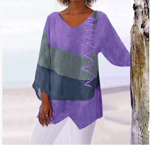 ⏳ Poslední den – sleva 50 % 😍【S~5XL】Dámský elegantní ležérní top s výstřihem do V a dlouhými rukávy, s uměleckým vzorem a potiskem