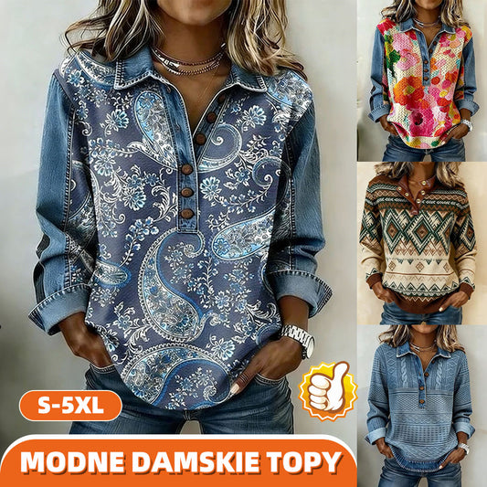 2026 Nowość, damska bluza z nadrukiem w stylu etnicznym i guzikami