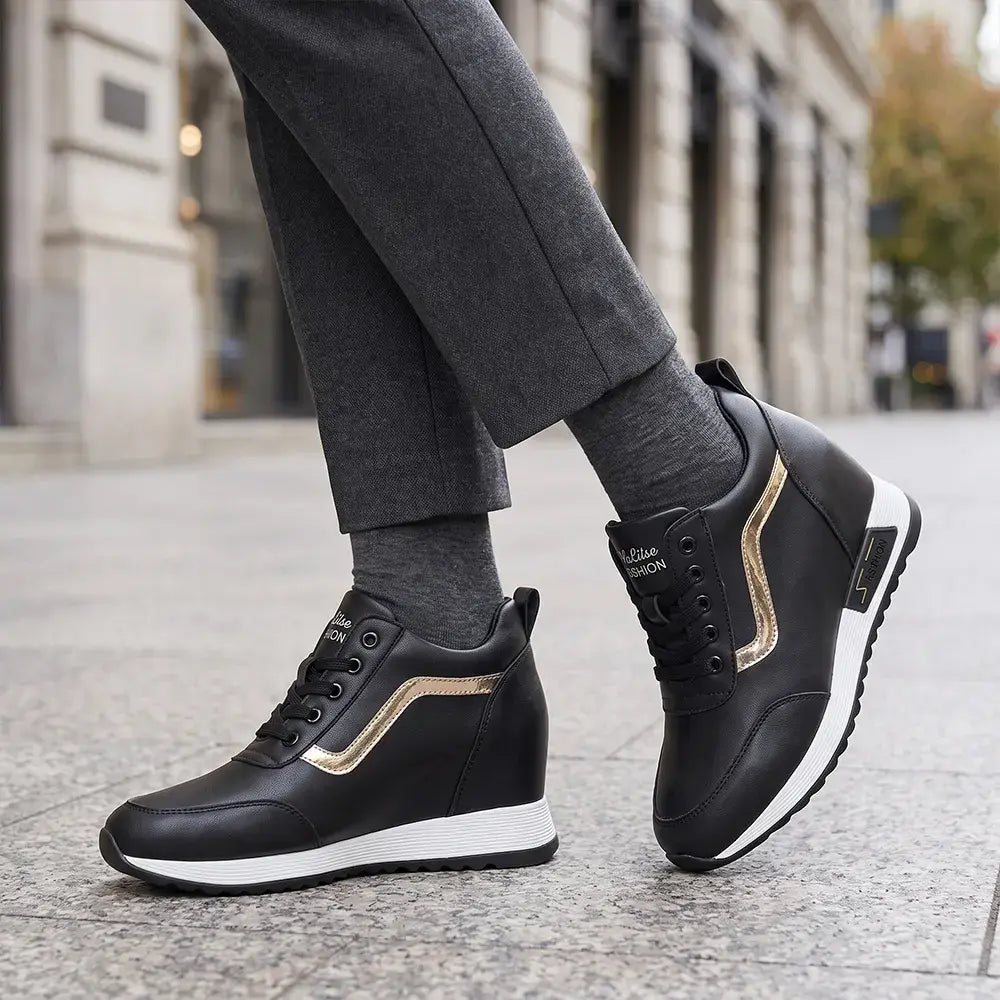 👠Damskie trampki na platformie z ukrytym klinem – skórzane buty codzienne w stylu koreańskim – gruba podeszwa, wygodne buty sportowe