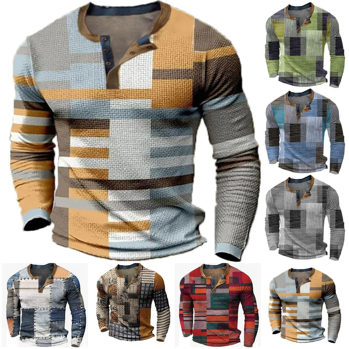 🌴🌈【S-4XL】👔😍 Nová kolekce pánských košil s potiskem, dlouhé rukávy, ležérní styl Henley, dostupné ve více barvách
