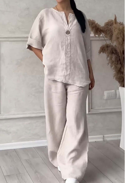 🔥【S-5XL】【Wyprzedaż 50%】🔥Swobodny i szykowny letni zestaw: naturalny materiał i nowoczesny dekolt w serek