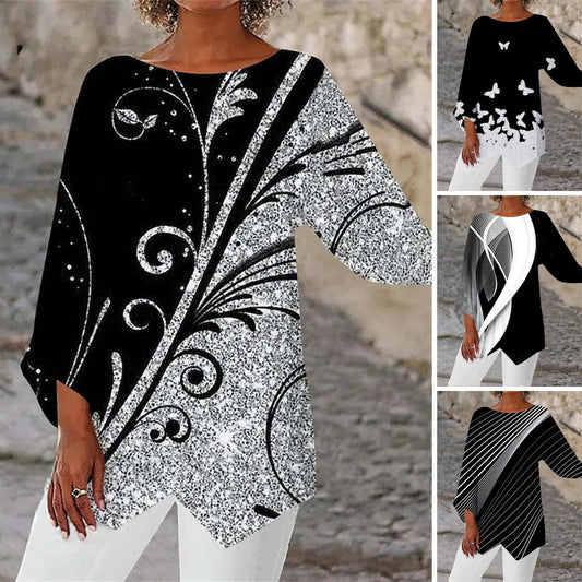 🔥【Akční nabídka!】🔥【40-100kg】 Nová potištěná košile s kulatým výstřihem a dlouhým rukávem 2025【S-5XL】