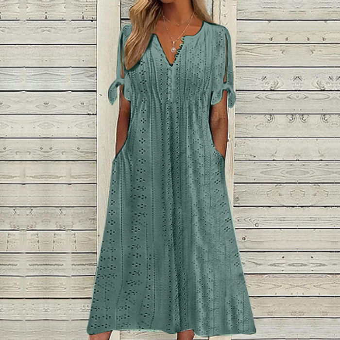 🔥👗【Žhavý výprodej】【S-5XL】✨2025 Nové jednoduché a krásné jednobarevné šaty s dutou krajkou