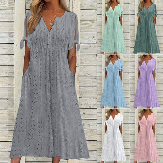 🔥👗【Žhavý výprodej】【S-5XL】✨2025 Nové jednoduché a krásné jednobarevné šaty s dutou krajkou