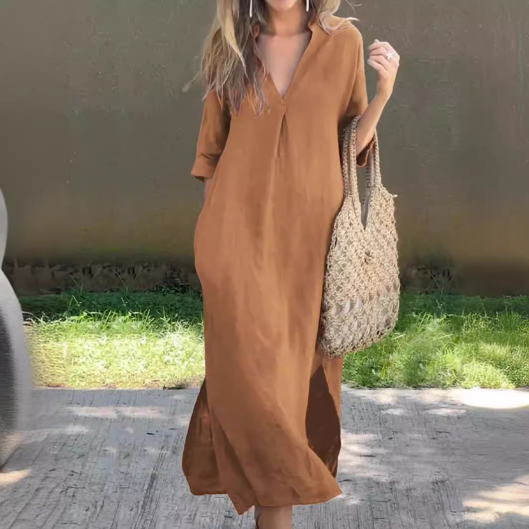 🌿💃【Sleva 50 % 🔥】【S–3XL】Letní lněné maxi šaty s výstřihem do V a rozparky – pohodlné a lehké na léto