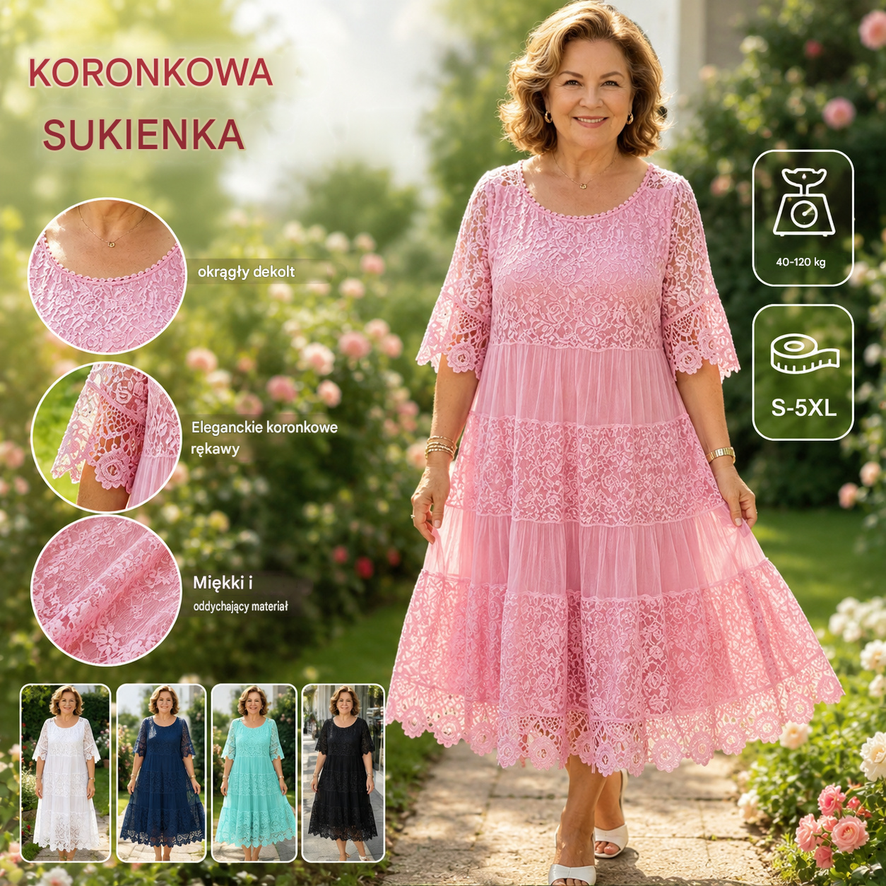 [S-5XL] 2026 Nowa sukienka-koszulka z krótkim rękawem, okrągłym dekoltem i koronką. [40-120 kg]