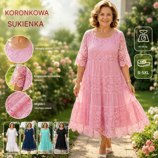 [S-5XL] 2026 Nowa sukienka-koszulka z krótkim rękawem, okrągłym dekoltem i koronką. [40-120 kg]