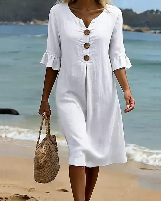 🔥Hit Sprzedaży 【Rabat 50%】👗【S-3XL】Kobieca sukienka z bawełny i lnu z puszystymi rękawami i guzikami