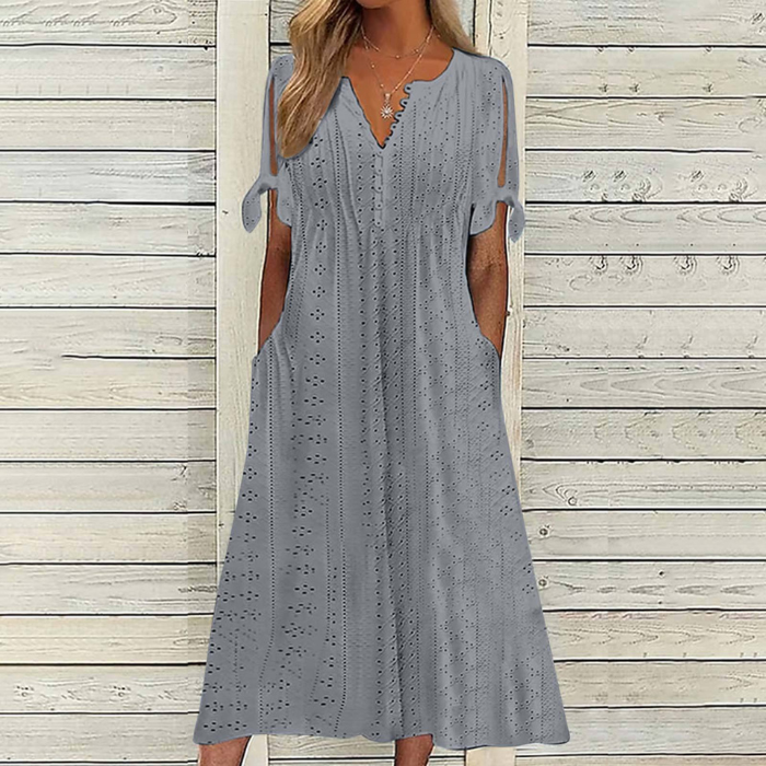🔥👗【Žhavý výprodej】【S-5XL】✨2025 Nové jednoduché a krásné jednobarevné šaty s dutou krajkou