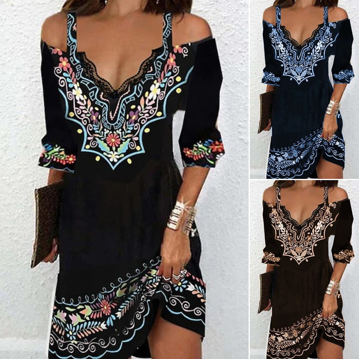 🌸👗 【50% zniżki】【Rozmiary - 5XL】Sukienka z 2026 r. - Modny nadruk, seksowna koronka, odkryte ramiona