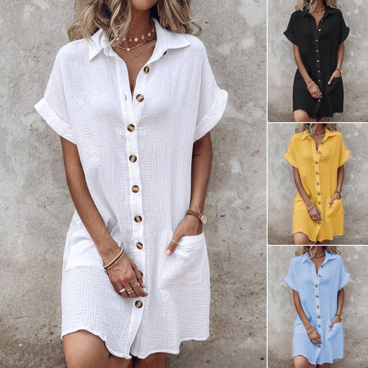 【S-2XL】2026 Vestido suelto de lino y algodón de manga corta y largo medio con botones