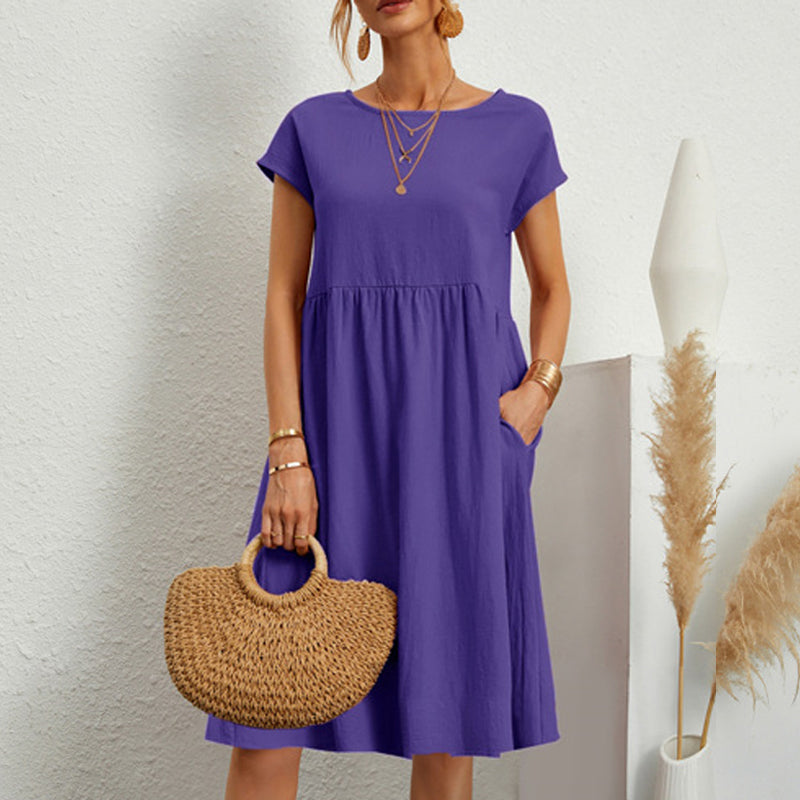 😍【Wyprzedaż sezonowa】👗【S–5XL】2025 Damska sukienka bawełniano-lniana z okrągłym dekoltem i luźnym krojem – Obniżona cena