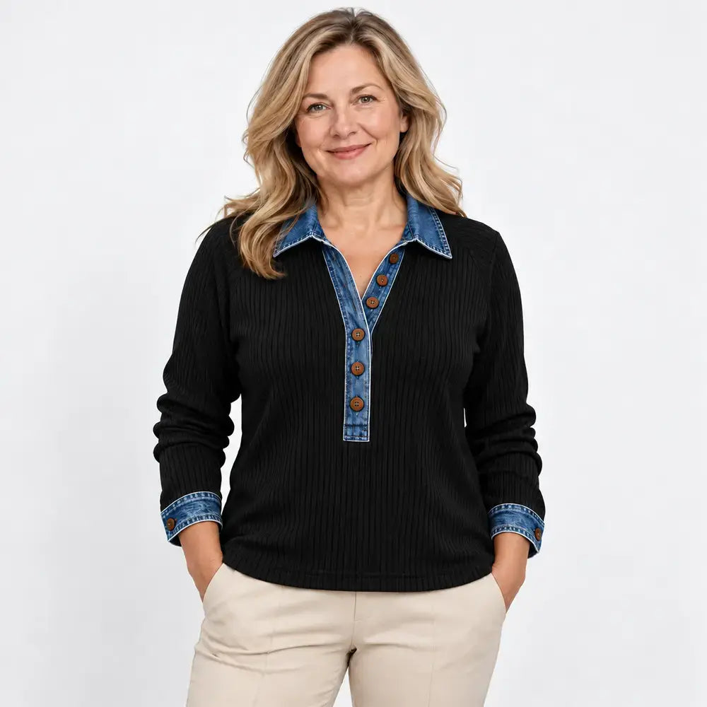 【S-3XL】Damowy sweter z długim rękawem – z kołnierzem jeansowym, łączony, dzianinowy