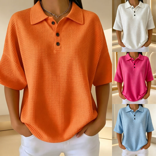 【S-5XL】Stylowa koszulka z krótkim rękawem z dzianiny waflowej – jednokolorowa koszulka polo zapinana na guziki z kołnierzykiem