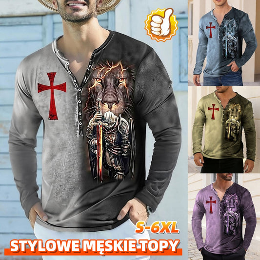 🦁🦁Męski, swobodny T-shirt z długim rękawem i nadrukiem 3D