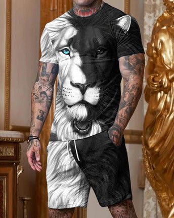 [S-6XL] Stylowy dwuczęściowy komplet dresowy męski, nadruk 3D lwa, koszulka + spodenki