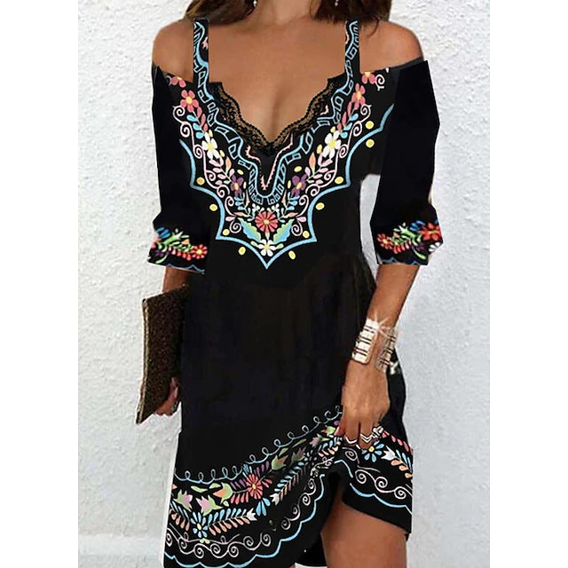 🌸👗 【50% zniżki】【Rozmiary - 5XL】Sukienka z 2026 r. - Modny nadruk, seksowna koronka, odkryte ramiona