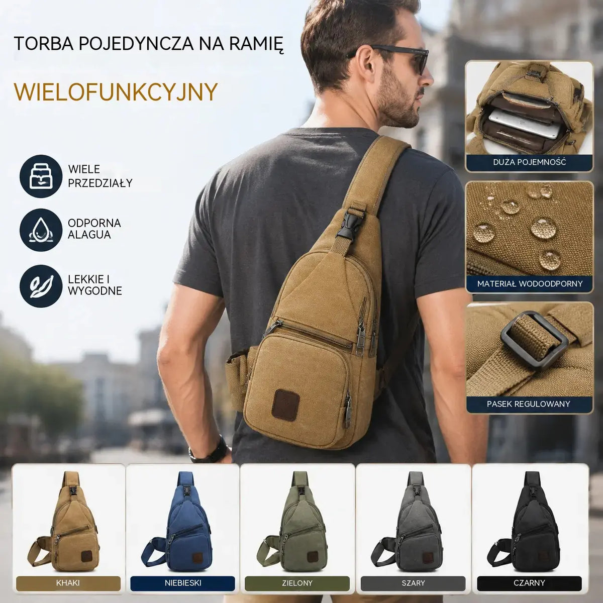 Wodoodporna męska torba na ramię, wielofunkcyjny plecak na klatkę piersiową z wieloma przegrodami do podróży i codziennego użytku