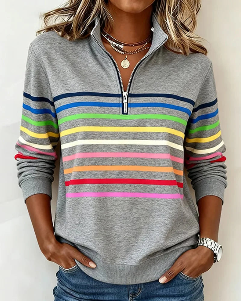 🔥✨【S-5XL】😀👉Stylowa bluza z kołnierzykiem w paski tęczowe i zamkiem błyskawicznym