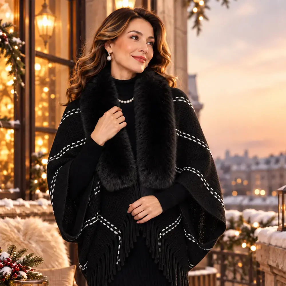 Dzianinowe ponczo z futrzanym kołnierzem i frędzlami 🧣 Elegancki, ciepły szal damski (jesień/zima) ❄️ Uniwersalny sweter o luźnym kroju, który korzystnie podkreśla sylwetkę ✨
