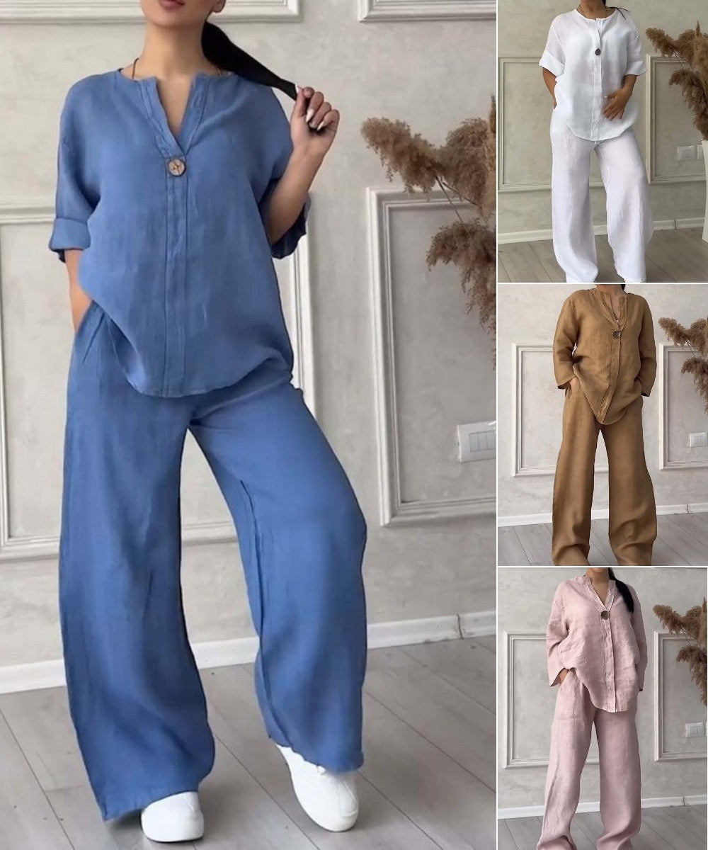🔥【S-5XL】【Wyprzedaż 50%】🔥Swobodny i szykowny letni zestaw: naturalny materiał i nowoczesny dekolt w serek