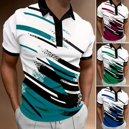 👔【S-6XL】🔥Nowa letnia, modna męska koszulka polo z nadrukiem w paski zapinana na guziki