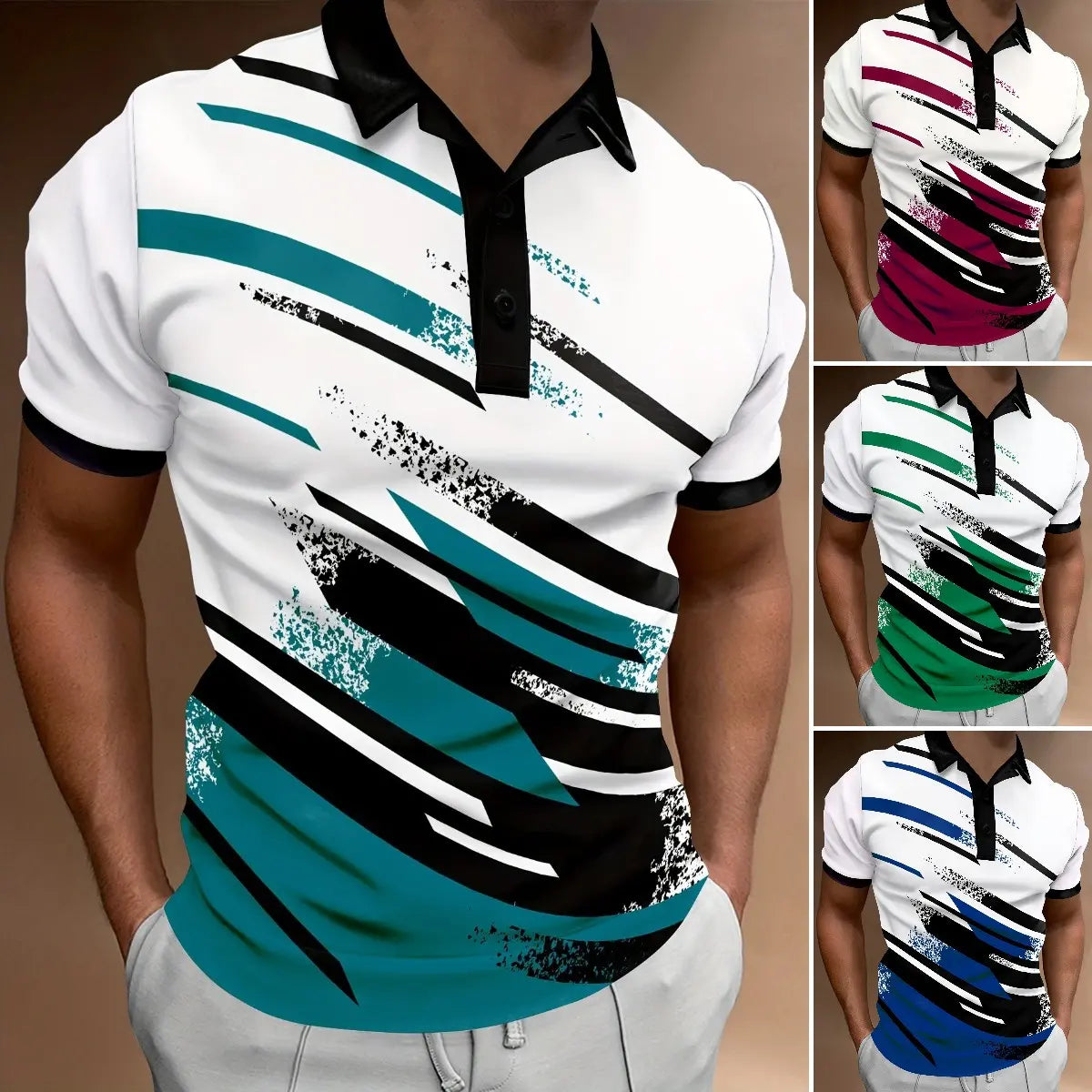 👔【S-6XL】🔥Nowa letnia, modna męska koszulka polo z nadrukiem w paski zapinana na guziki