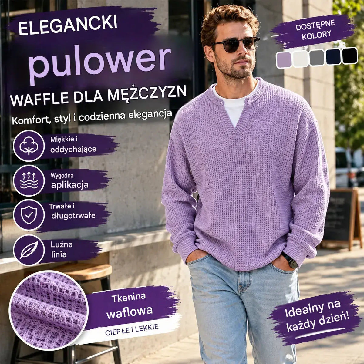👚✨ Nowość na jesień/zimę | Męska bluza z długim rękawem, dzianiną waflową, dekoltem w serek, dwuczęściowa luźna koszulka polo w kontrastowych kolorach