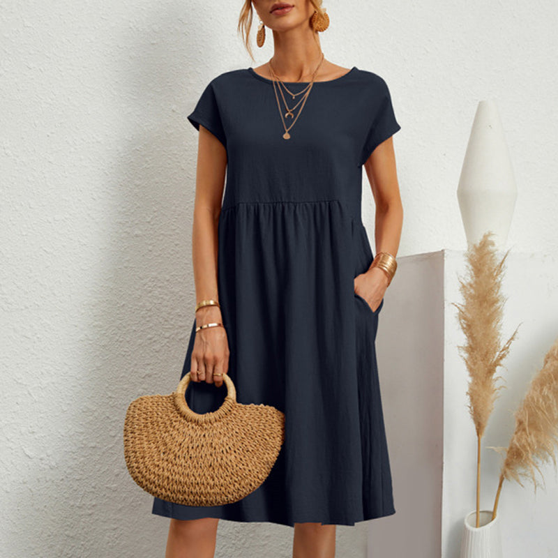 😍【Wyprzedaż sezonowa】👗【S–5XL】2025 Damska sukienka bawełniano-lniana z okrągłym dekoltem i luźnym krojem – Obniżona cena