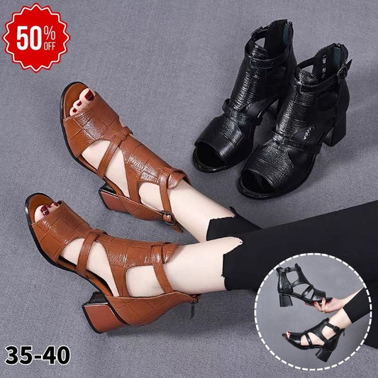 🔥【35-40】👡2025 Nowe miękkie, miękkie skórzane, rybne dno, rybie usta, wydrążone usta, gruby obcas rzymskie sandały