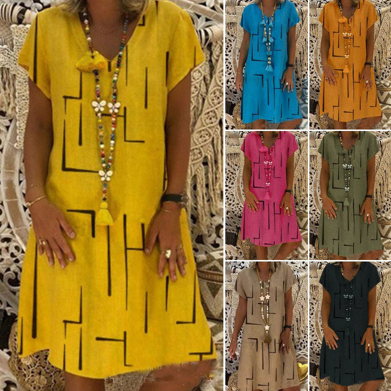 👗【S-5XL】2025 Bawełniana sukienka z nadrukiem i dekoltem w kształcie litery V