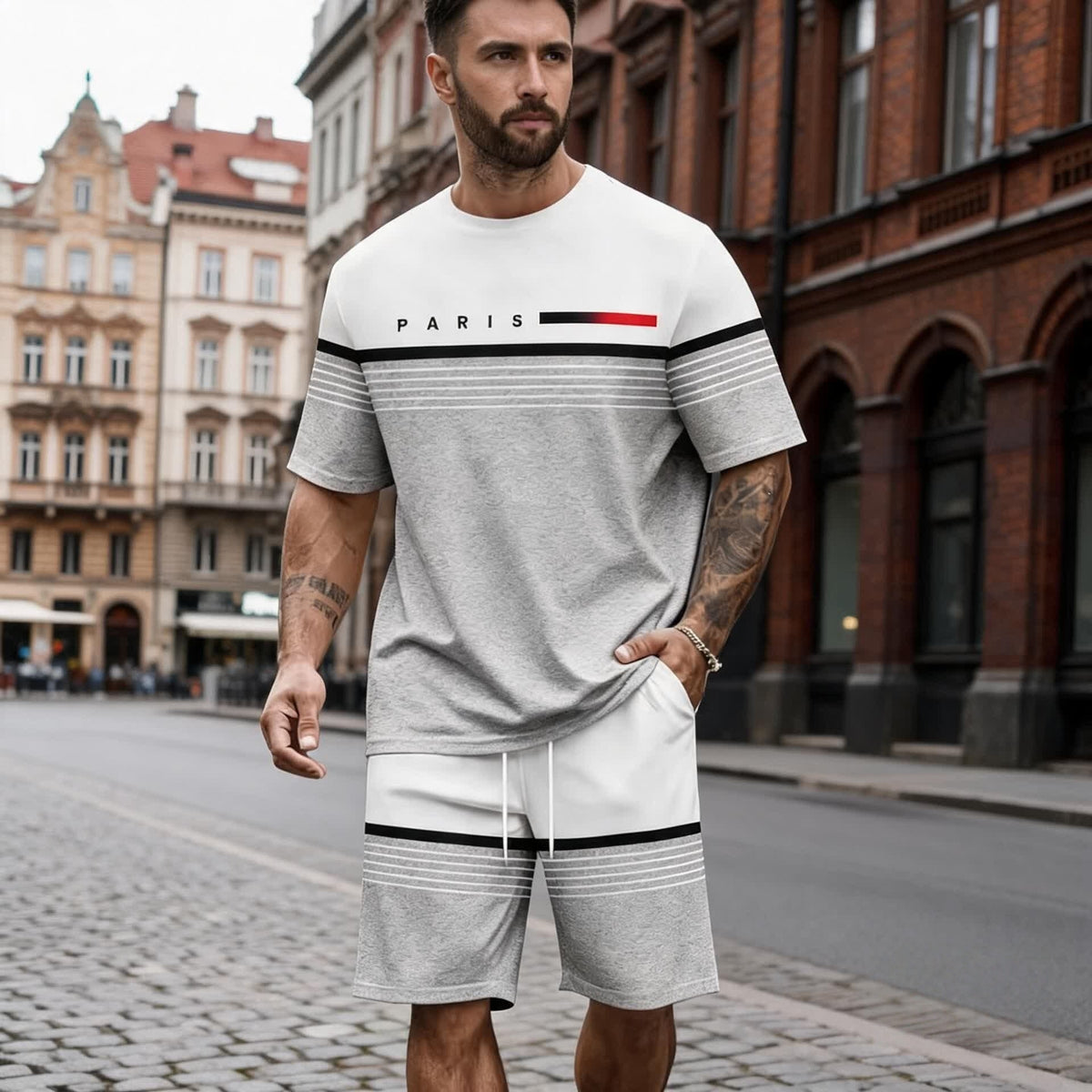 【S-5XL】Conjunto informal y cómodo de camisa de manga corta y pantalón corto con estampado de letras para hombre.