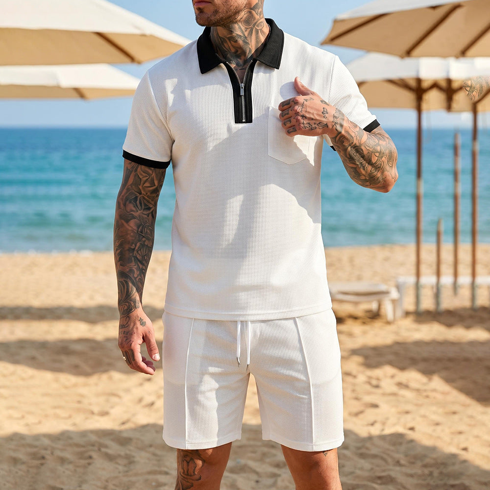 [S-3XL] Vysoce kvalitní pánský letní prodyšný polo oblek - vaflový úplet - ležérní pánský oblek na plážovou dovolenou