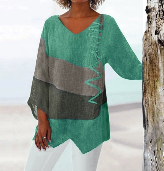 ⏳ Poslední den – sleva 50 % 😍【S~5XL】Dámský elegantní ležérní top s výstřihem do V a dlouhými rukávy, s uměleckým vzorem a potiskem