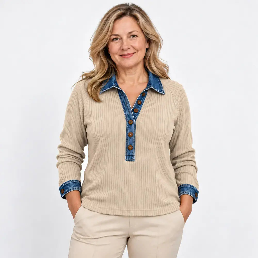 【S-3XL】Damowy sweter z długim rękawem – z kołnierzem jeansowym, łączony, dzianinowy
